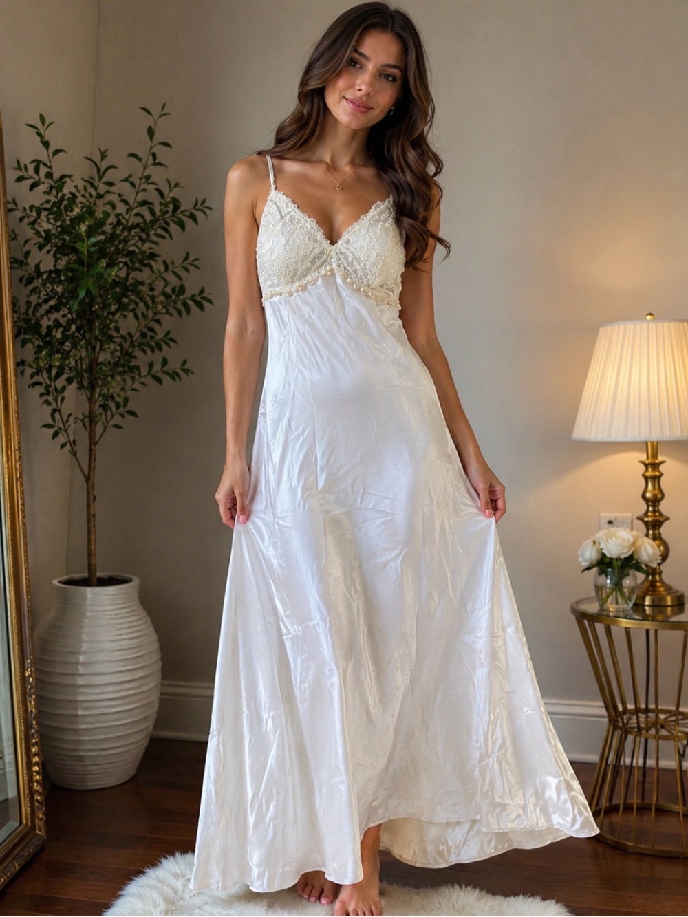 Flora Nikrooz Slip Dress Long Gown Satin Lace Bridal Honeymoon Ivory Beaded
